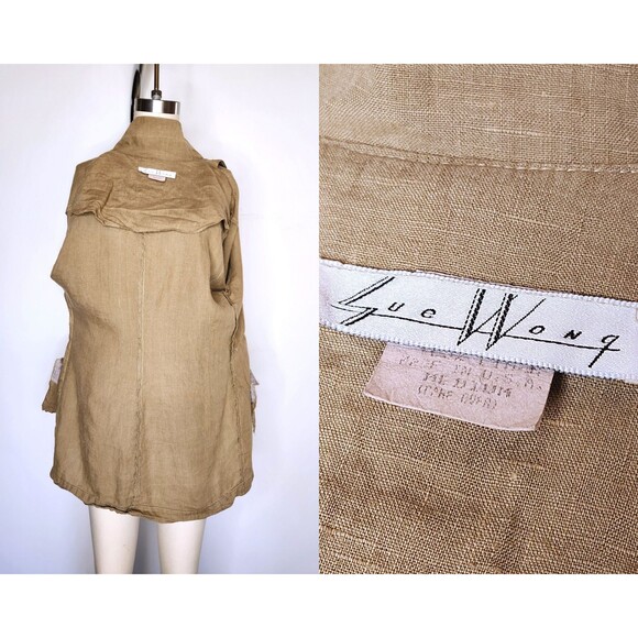 Green Sage Linen Jacket Blazer by Sue Wong -Green Linen Duster - Made in USA S M - Picture 4 of 10